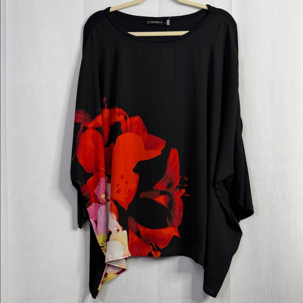 Rafaella Black Tunic Red Multicolor Floral Print Long Batwing Sleeve
